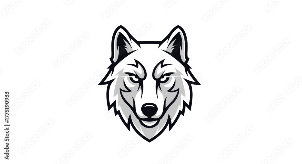 Naklejka premium Fierce wolf mascot head with intense gaze, perfect for sports teams, gaming logos, and brand identity projects.