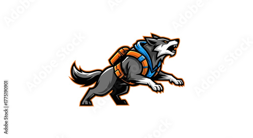 Dynamic wolf mascot charging forward with a bold, adventurous spirit, perfect for gaming or brand identity.