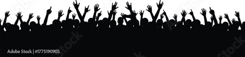 Silhouette crowd cheering with raised hands, unity celebration vector, concert audience excitement, cad drawing flat vector illustration, black people group