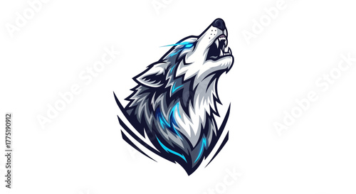 Dynamic wolf mascot roaring with vibrant electric blue energy, perfect for gaming logos, sports teams, and fierce brand identity.