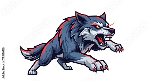 Fierce wolf mascot lunging forward with sharp teeth bared and glowing red eyes, embodying power and aggression for modern branding and gaming.