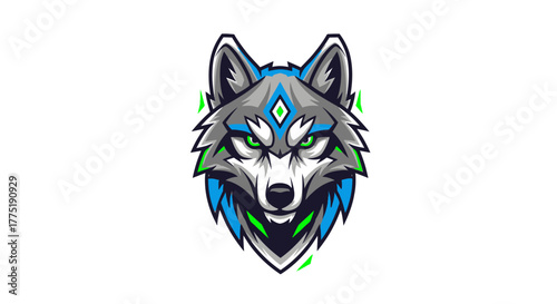 Dynamic wolf mascot logo design with vibrant green and blue accents, perfect for esports teams and gaming brands.