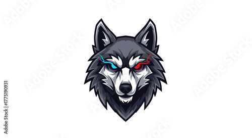 Fierce wolf mascot head with glowing red and blue eyes, exuding power and intensity for gaming or brand identity.