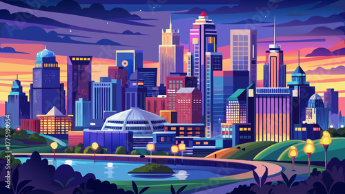 Very beautiful aerial view of Kansas City skyline at dusk, seen from Penn Valley Park, showcasing illuminated skyscrapers and city lights reflecting the vibrant urban heart of Missouri, USA.