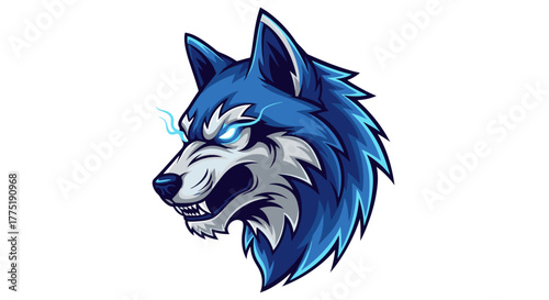 Fierce blue wolf head logo design with glowing eyes and electric energy, perfect for esports or gaming brands seeking a powerful, dynamic mascot.