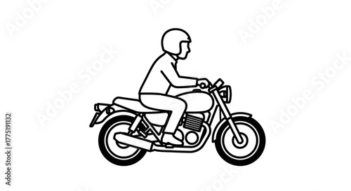 Stylized linear illustration featuring a motorcyclist, showcasing road travel and design elements,