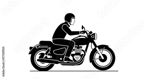 Stylized vector illustration of a motorcyclist riding a classic motorbike design