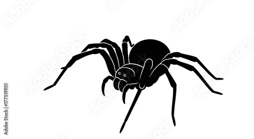 Detailed black silhouette of a menacing arachnid crawling on a light plane with eight spindly legs