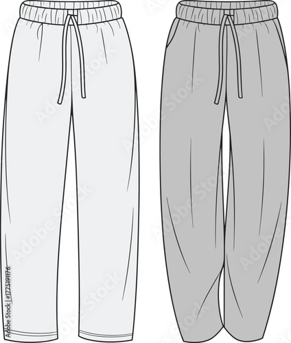 Jogger pants technical flat sketch front and back view, elastic waistband with drawstring, fashion cad drawing, casual comfy clothing