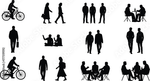 Black silhouette illustration of twelve people—walking, sitting, cycling, conversing—urban lifestyle, posture study, social behavior, everyday activity sketch