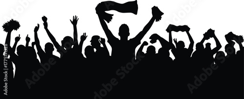 Silhouette crowd cheering with scarves, pom-poms, raised hands, fan celebration, sports event, unity, excitement, cad drawing flat vector illustration