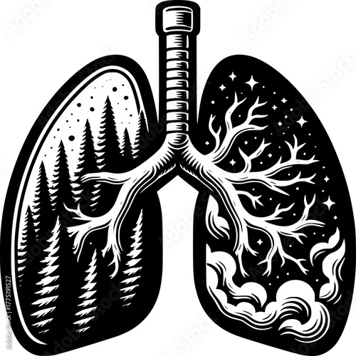 Inner Breath: An illustration of the lungs merges nature and the cosmos, depicting the intersection of inner and outer worlds, highlighting the vital link between breath and the universe.