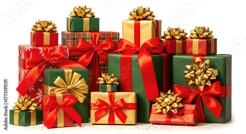 Large Pile of Red and Gold Christmas and New Year Gifts on White Background