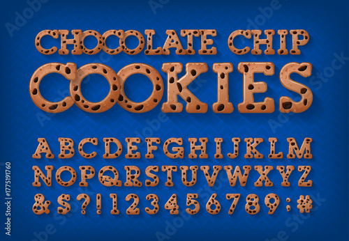 Chocolate chip cookies alphabet font. A playful cartoon font where every letter and number is shaped from delicious-looking cookies. Stock vector typeface for your creative typography projects.