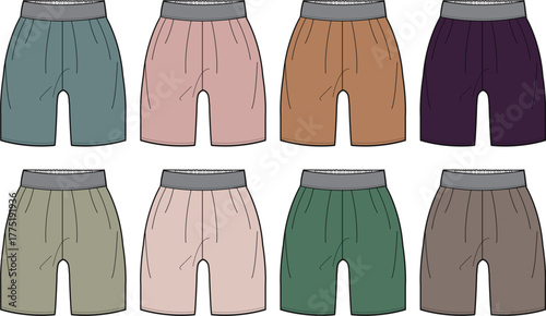 Vector illustration of multiple casual and comfortable shorts in a spectrum of colors, ideal for loungewear, athletic wear, and relaxed summer apparel designs