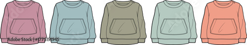 A row of five different colored crewneck sweatshirts with pockets, showcased from the front view