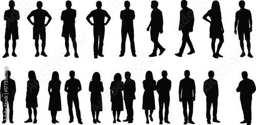 Business people silhouette set, standing poses, professional attire, black vector illustration, office posture icons, corporate design, career concept, formal group