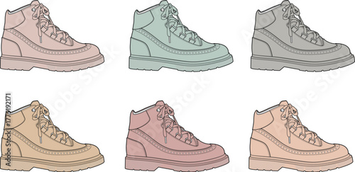 Boots in various colors, showcasing a variety of hues and designs for outdoor footwear and fashion