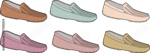 Set of stylish men's loafer shoes in a variety of pastel colors, a collection of fashionable slip-on footwear illustrations
