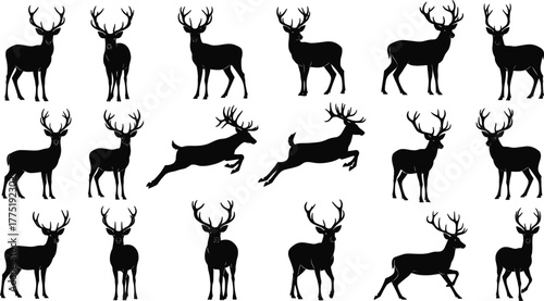 Deer silhouette set, standing and leaping poses, black vector illustration, wildlife icon collection, forest animal design, graceful movement, minimal style