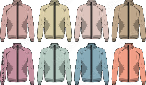 Collection of colorful track jackets in various pastel shades. Apparel fashion flat sketch vector illustration template for clothing design