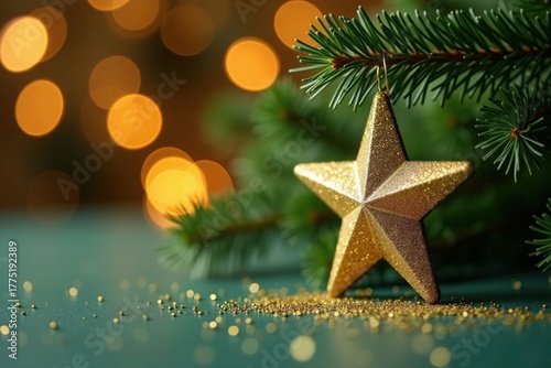 Elegant golden star ornament on festive Christmas tree branch