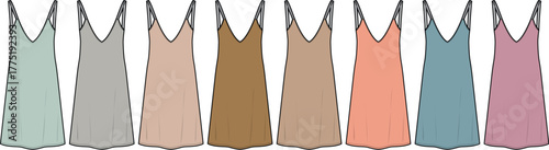 Assortment of elegant women's spaghetti strap slip dresses in a variety of soft, muted colors, perfect for sleepwear, loungewear, or versatile layering fashion