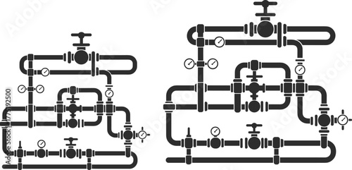 Industrial pipeline system diagram with valves, gauges, plumbing layout, water flow control, mechanical engineering infrastructure, vector illustration, black silhouette.