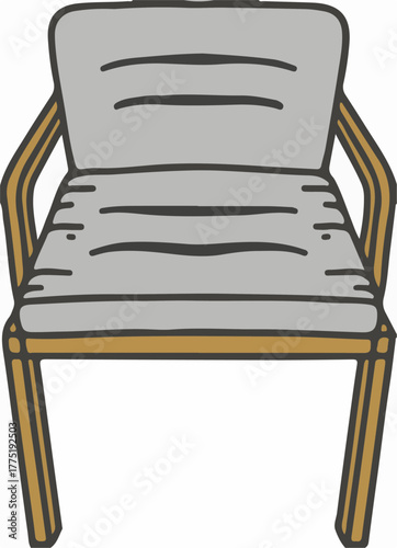 Ai futuristic office workspace with holographic screens illustration of a handdrawn illustration of a simple armchair with a grey upholstered seat and backrest, featuring wooden armrests and legs, iso