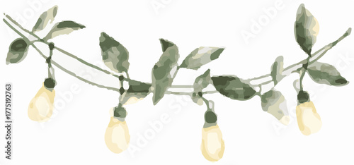 Ai futuristic office workspace with holographic screens illustration of a delicate watercolor garland of green leaves and warm, glowing edisonstyle light bulbs strung along a thin wire, perfect for ru