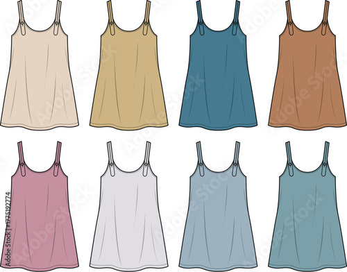 Collection of eight dress illustrations in various colors and styles, showcasing fashion design sketches