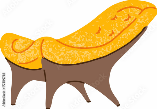 Ai futuristic office workspace with holographic screens illustration of a quirky and modern yellow armchair with a curved, elongated seat and brown angular legs, presented in a stylized, illustrative 