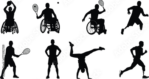 Inclusive sports silhouette set, wheelchair athletes, prosthetic runner, tennis and gymnastics poses, black vector illustration, adaptive fitness, diverse movement design
