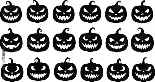 Jack-o'-lantern silhouette set, Halloween pumpkin faces, spooky expressions, black vector illustration, scary design, festive icons, horror theme, creepy decoration