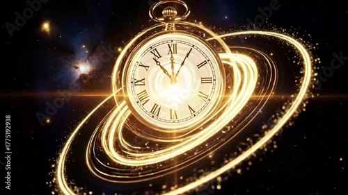 Dynamic golden clock orbits against cosmic backdrop in motion graphic video