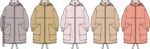 Collection of various colored technical flat sketches for modern hooded parka jackets, showcasing design concepts for stylish long outerwear fashion apparel