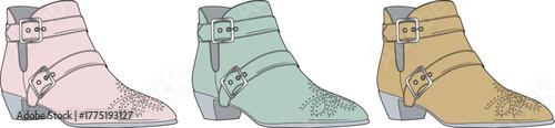 Collection of three charming illustrated ankle boots for women, presented in a delightful palette of pastel colors, highlighting versatile fashion footwear designs