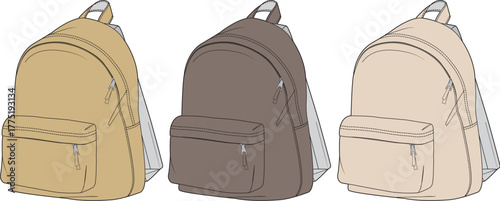 Collection of stylish and versatile everyday backpacks in various earthy tones, perfect for school, travel, or daily commutes, presented as clean vector illustrations with practical features