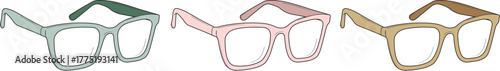 Three pairs of stylish eyeglasses in different pastel colors, featuring classic frames and clear lenses, arranged horizontally on a white background
