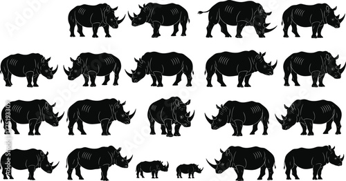 Rhinoceros silhouette set, adult and baby poses, black vector illustration, wildlife icon collection, safari animal design, strong creature theme, minimal style