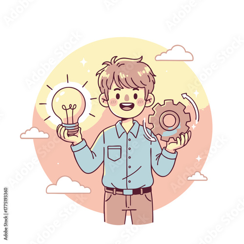 Cartoon character balancing a brilliant lightbulb with a rotating gear, symbolizing the synergy between innovative ideas and efficient implementation for business success