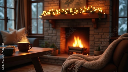 Cozy fireplace warmth, steaming mug, winter comfort awaits