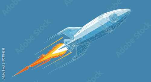 Dynamic illustration of a stylized rocket launching into a clear blue sky background