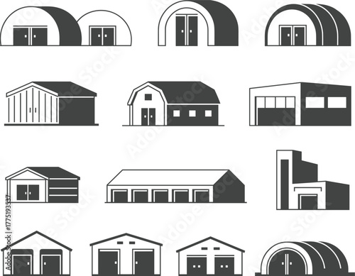 Industrial warehouse and barn vector icons, modern storage buildings, factory facilities, garage illustrations, editable black and white silhouette set