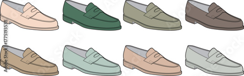Diverse Collection of Loafer Style Shoes in Various Earth Tones and Green Hues