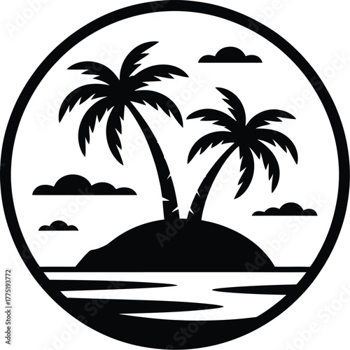 Tropical island with palm trees silhouette isolated on white background