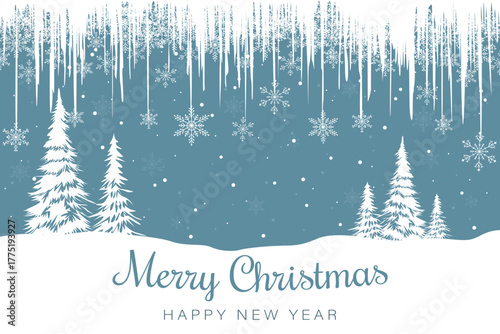 Snowy winter landscape with beautiful snowflakes and icicles for a Christmas background. Beautiful winter forest landscape with amazing snowflakes. Vector illustration of a Christmas landscape.