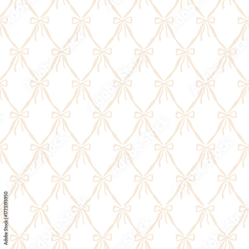 Seamless pattern with beige ribbon bows on white background. Elegant and minimal vector design perfect for wrapping paper, fabric prints, packaging, wedding stationery, and feminine decoration.