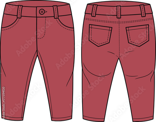 Kids pants CAD flat sketch with waistband, back patch pockets, front button closure, denim style design, technical vector drawing