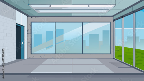 Empty office room with city view window